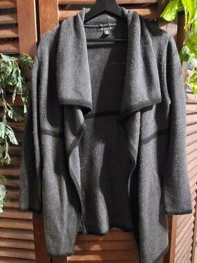 Charcoal Gray & Black Merino Wool Open Front Long Cardigan Sweater